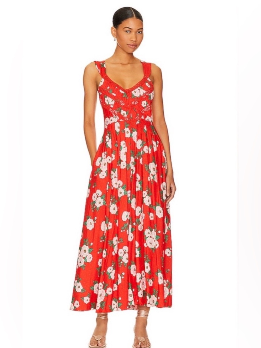 Free People Lovers Heart Midi Dress in Red Combo Small